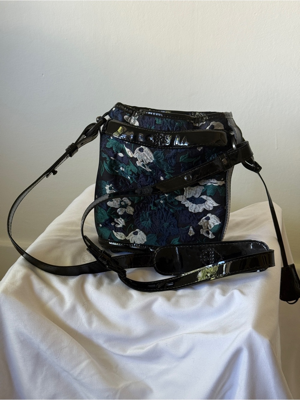 Opening Ceremony OCNY Floral Navy Crossbody Bag with Black Patent Trim